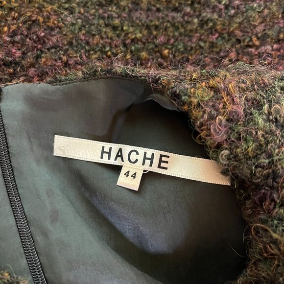 Hache Size 44 Textured Boucle Sleeveless Shift Dress Green Brown - Picture 2 of 12